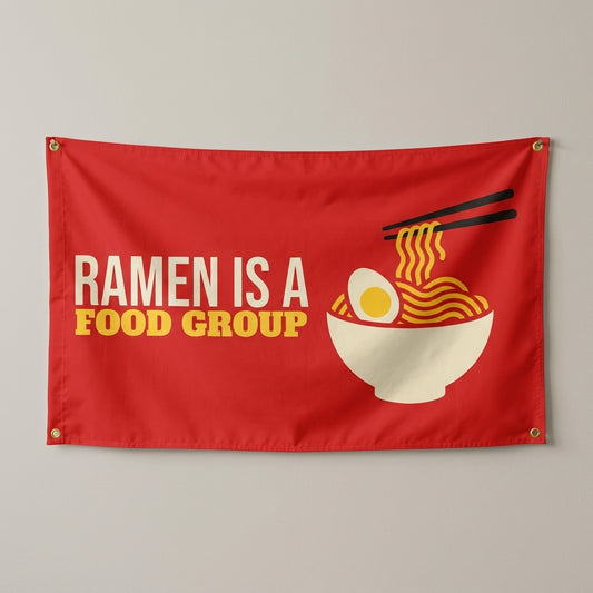 Ramen Is A Food Group flag 3x5 in red with a noodle bowl, hung on a wall