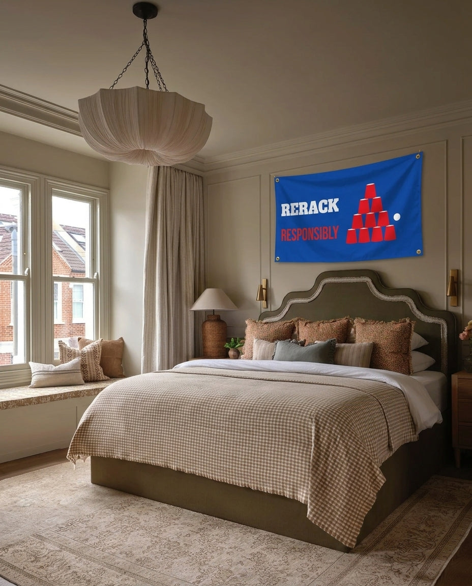 Rerack Responsibly party wall flag hanging in a bedroom