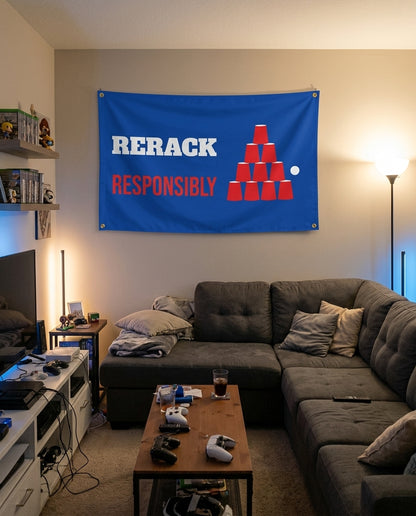Rerack Responsibly flag decorating a game room wall