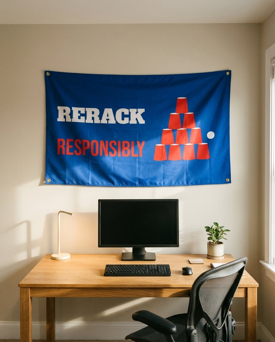 Rerack Responsibly 3x5 flag on a home office wall
