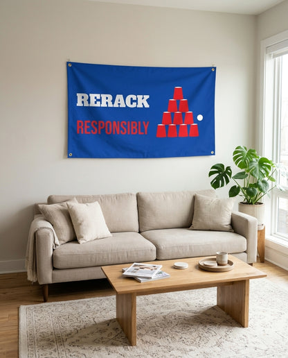 Rerack Responsibly flag used as living room wall decor