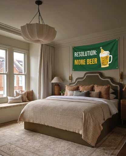 Resolution More Beer New Year's wall flag hanging in a bedroom