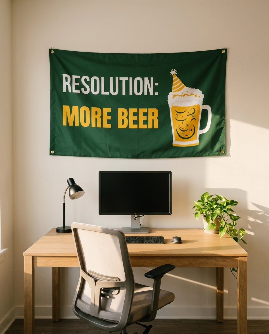 Resolution More Beer 3x5 flag on a home office wall