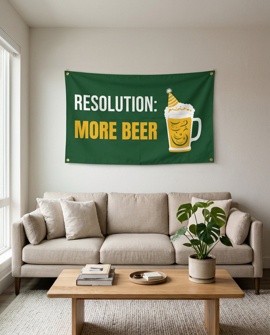 Resolution More Beer flag used as New Year's living room wall decor