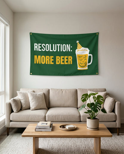 Resolution More Beer flag used as New Year's living room wall decor