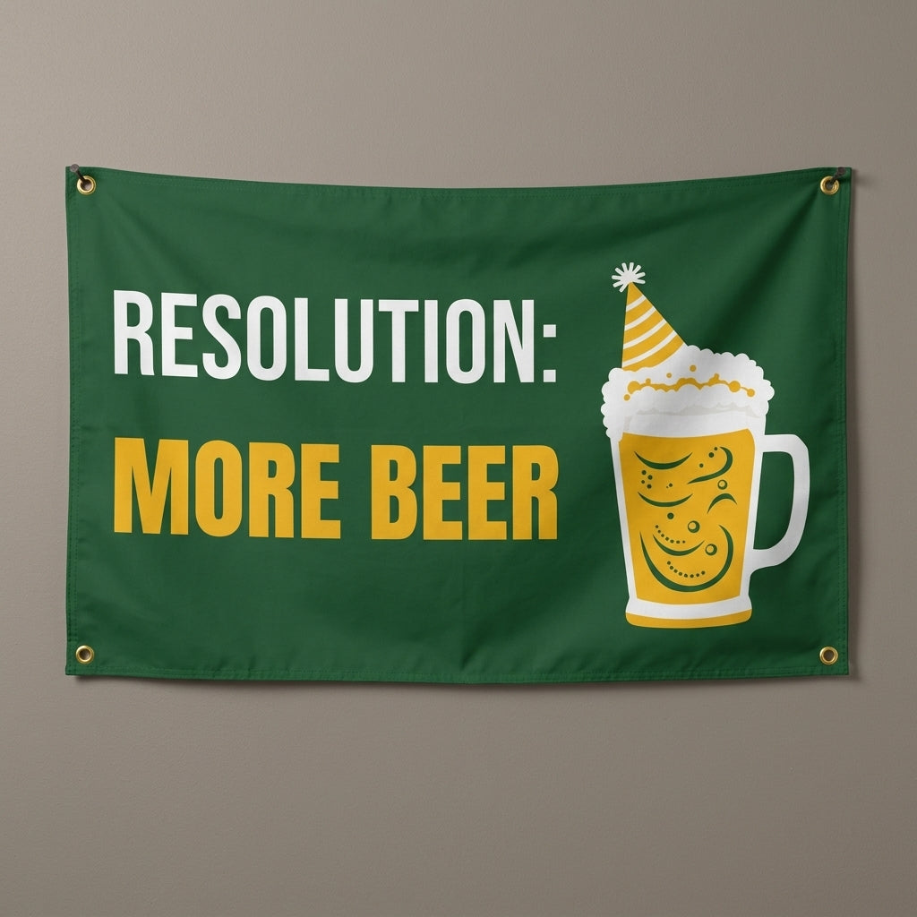 Resolution More Beer flag 3x5 in green and gold with a beer mug in a party hat, hung on a wall