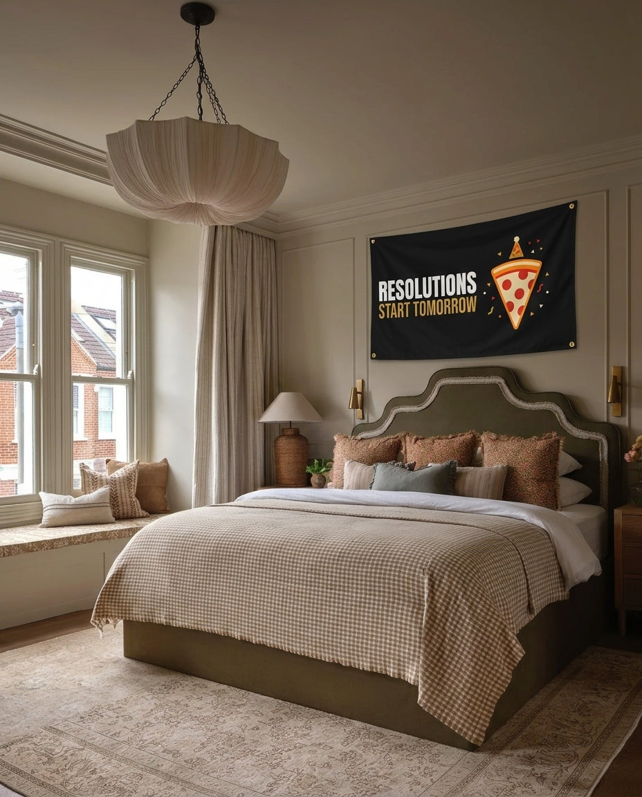 Resolutions Start Tomorrow New Year's Eve wall flag hanging in a bedroom