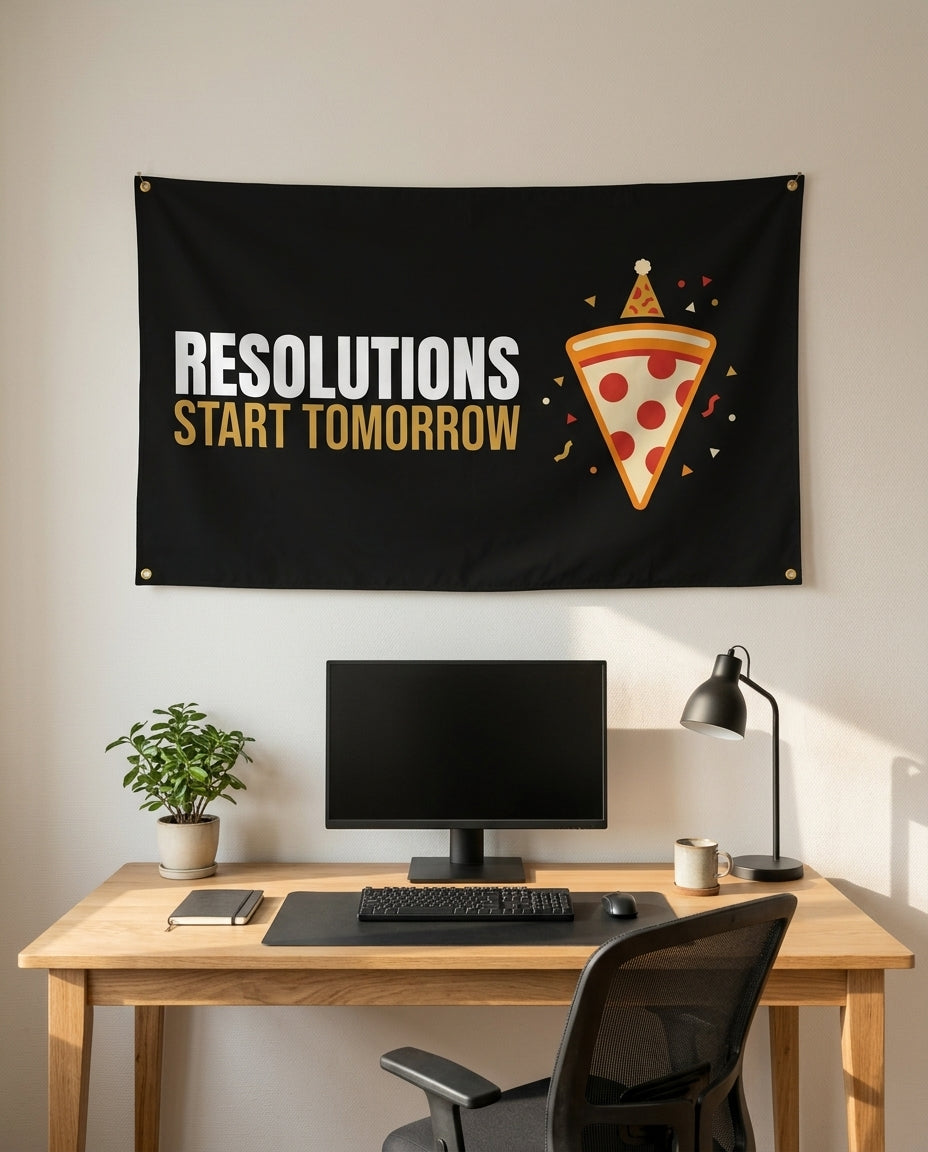 Resolutions Start Tomorrow 3x5 flag on a home office wall