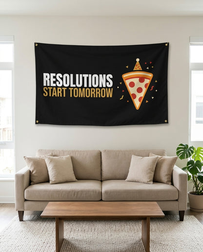Resolutions Start Tomorrow flag used as living room wall decor