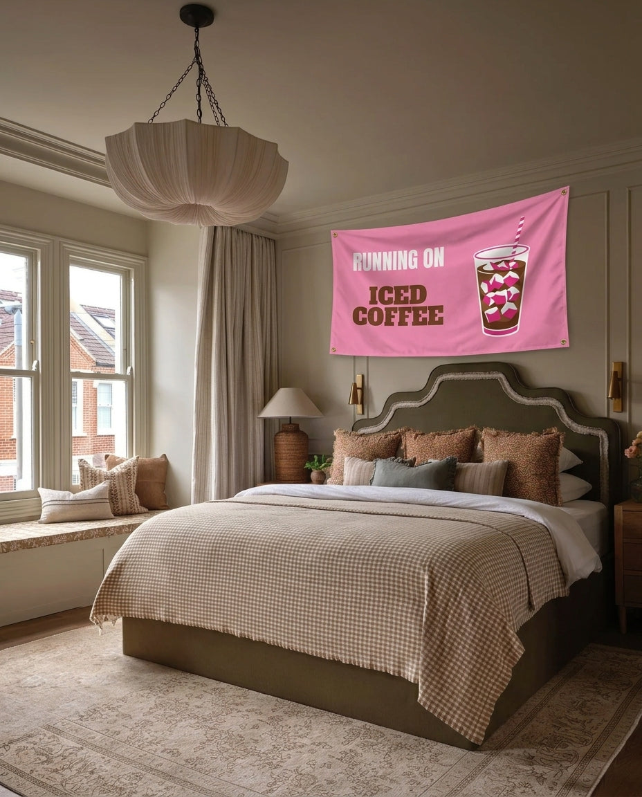 Running On Iced Coffee funny wall flag hanging in a bedroom