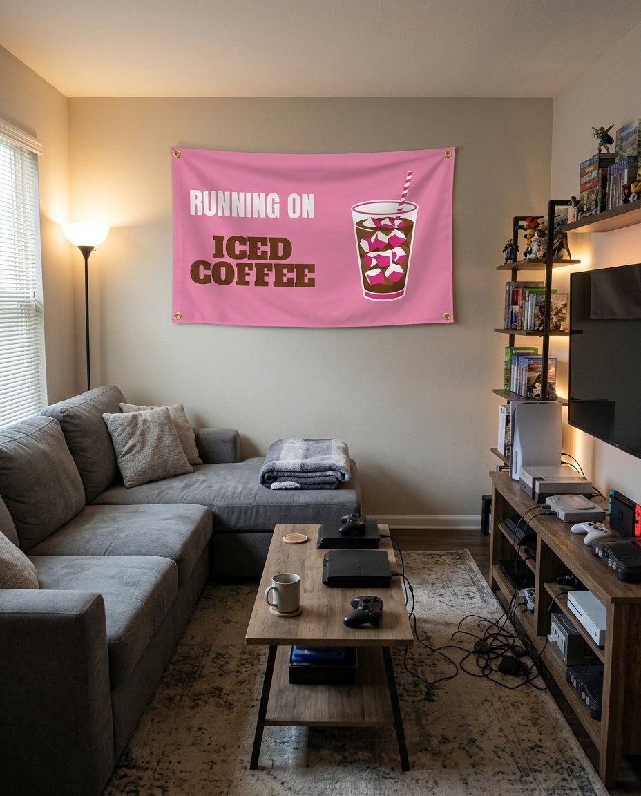 Running On Iced Coffee flag decorating a game room wall
