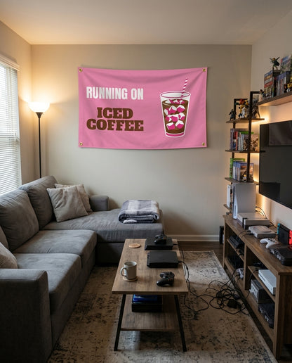 Running On Iced Coffee flag decorating a game room wall