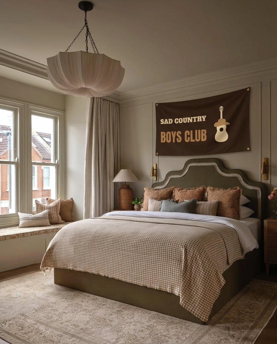 Heartbreak Country Club music wall flag hanging in a bedroom