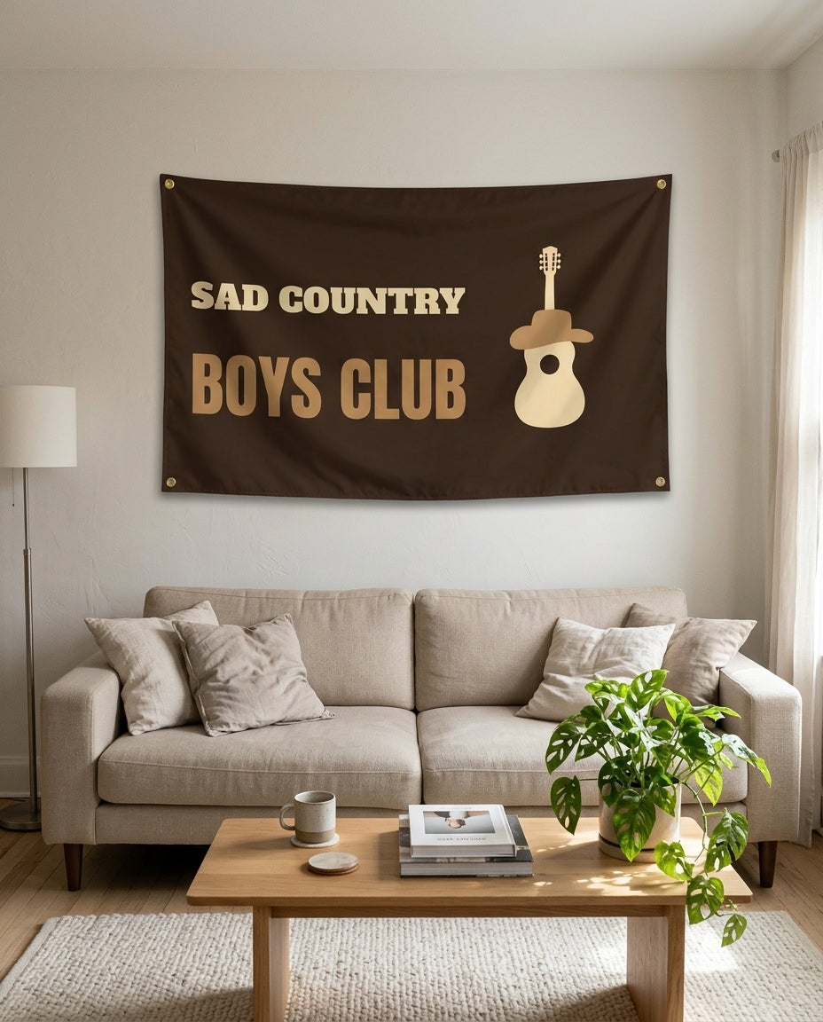Heartbreak Country Club flag used as living room wall decor