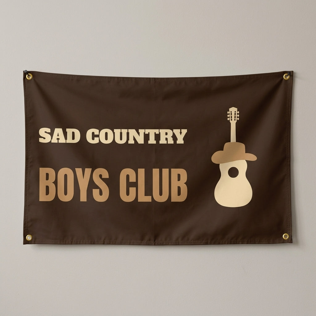 Heartbreak Country Club flag 3x5 in brown with a guitar in a cowboy hat, hung on a wall
