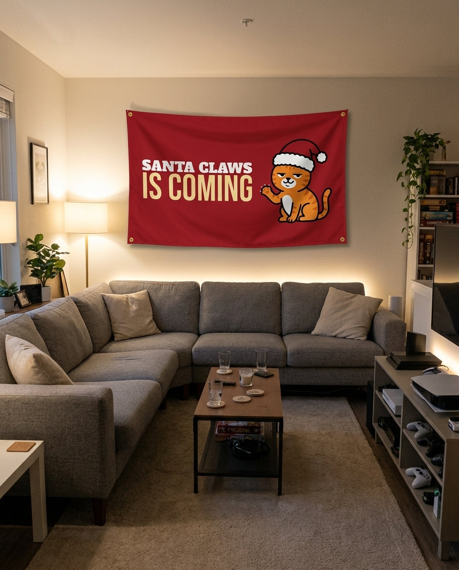 Santa Claws Is Coming flag decorating a game room wall