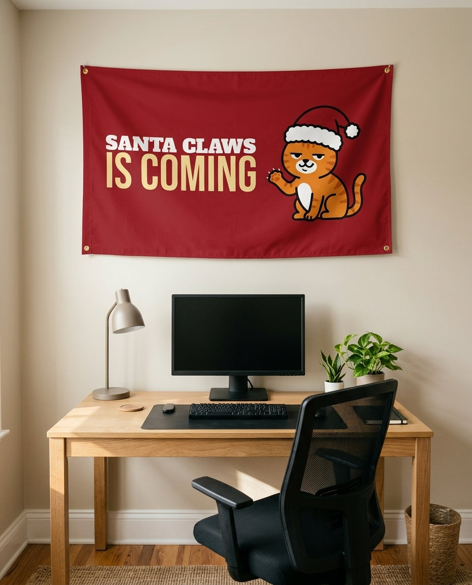 Santa Claws Is Coming 3x5 flag on a home office wall
