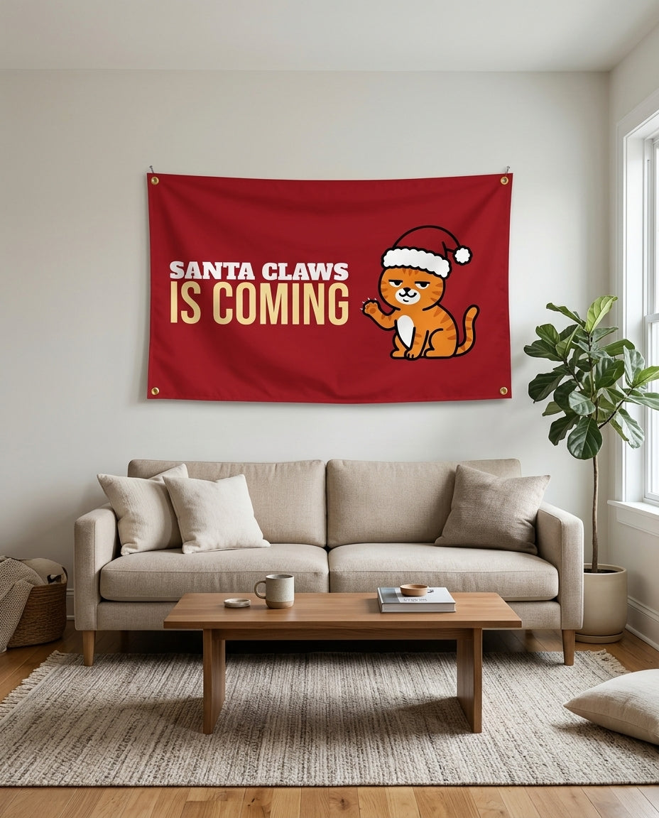 Santa Claws Is Coming flag used as living room wall decor