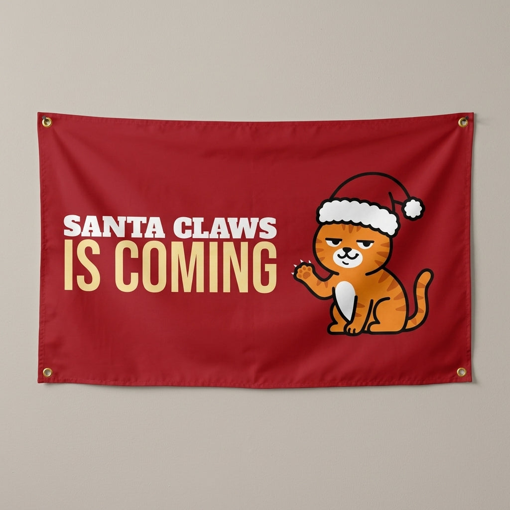Santa Claws Is Coming flag 3x5 in red with a cat in a Santa hat, hung on a wall