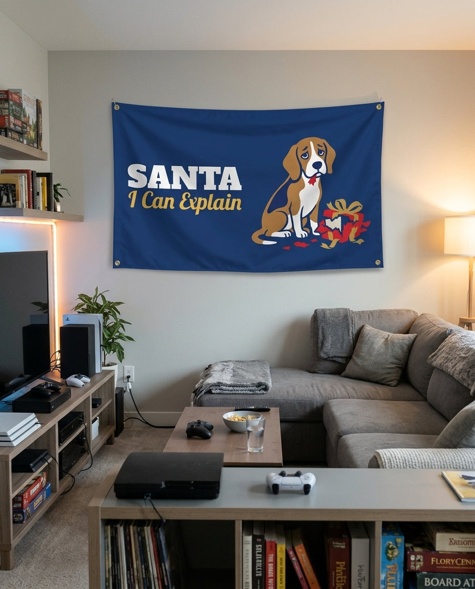 Santa I Can Explain flag decorating a game room wall