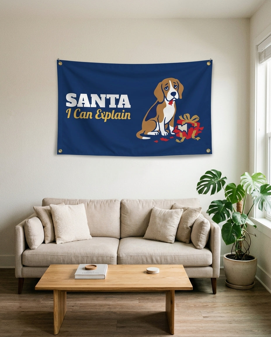 Santa I Can Explain flag used as living room wall decor