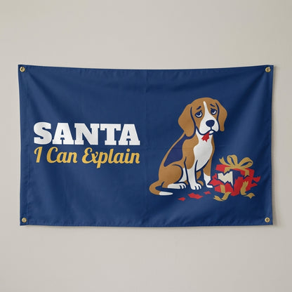 Santa I Can Explain flag 3x5 in navy with a guilty beagle and a torn gift, hung on a wall