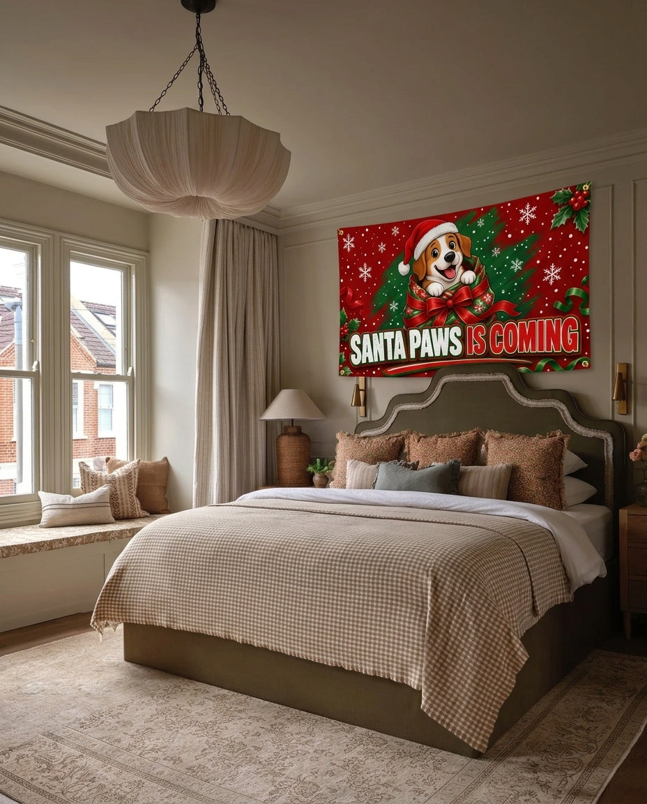 Santa Paws Is Coming Christmas wall flag hanging in a bedroom