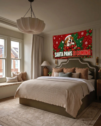 Santa Paws Is Coming Christmas wall flag hanging in a bedroom