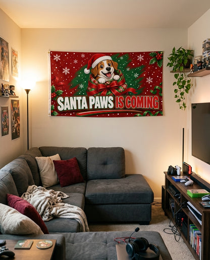 Santa Paws Is Coming flag decorating a game room wall