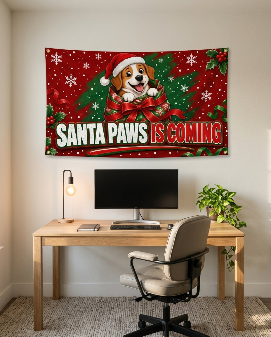 Santa Paws Is Coming 3x5 flag on a home office wall