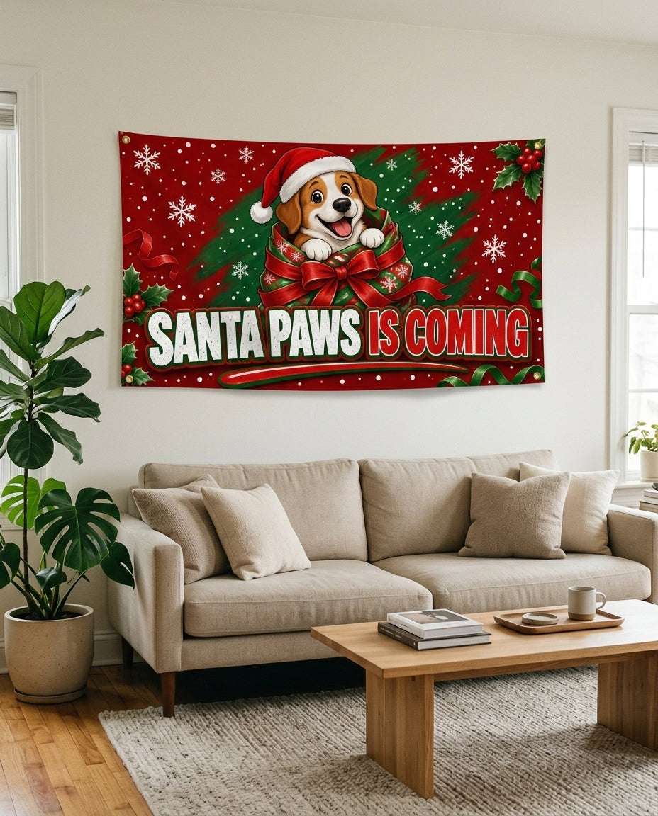 Santa Paws Is Coming flag used as holiday living room wall decor