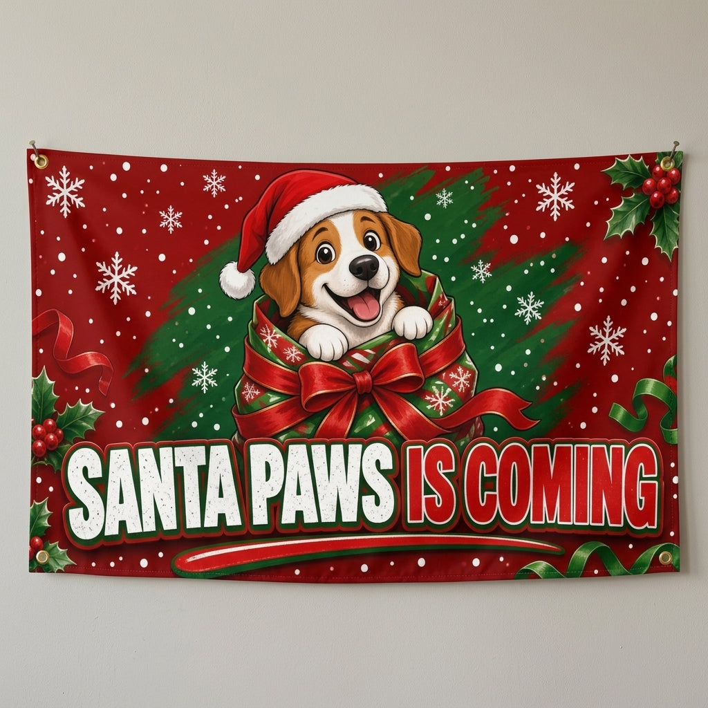 Santa Paws Is Coming flag 3x5 with a puppy in a Santa hat, hung on a wall