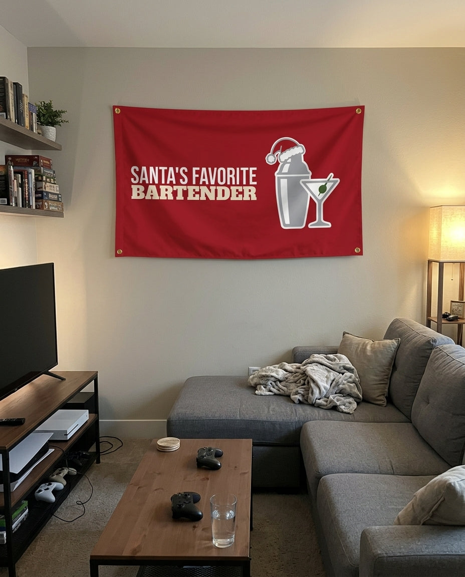 Santas Favorite Bartender flag decorating a game room wall