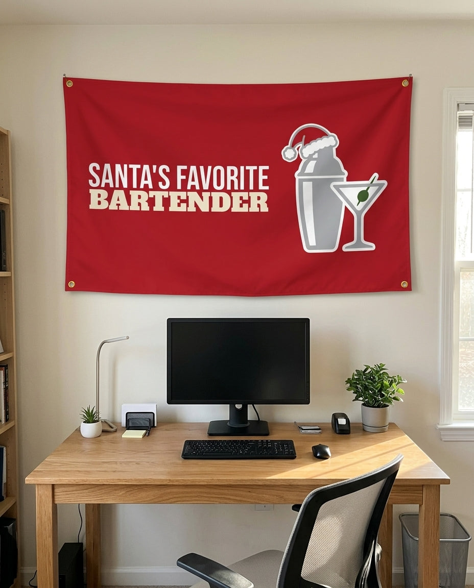 Santas Favorite Bartender 3x5 flag on a home office wall
