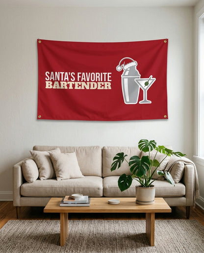 Santas Favorite Bartender flag used as living room wall decor