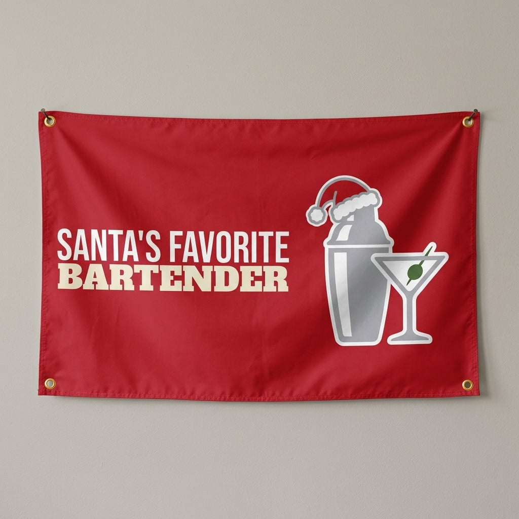 Santas Favorite Bartender flag 3x5 in red with a cocktail shaker in a Santa hat, hung on a wall