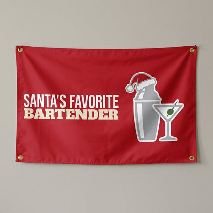Santas Favorite Bartender flag 3x5 in red with a cocktail shaker in a Santa hat, hung on a wall