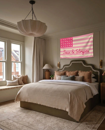 Sass And Stripes 4th of July wall flag hanging in a bedroom