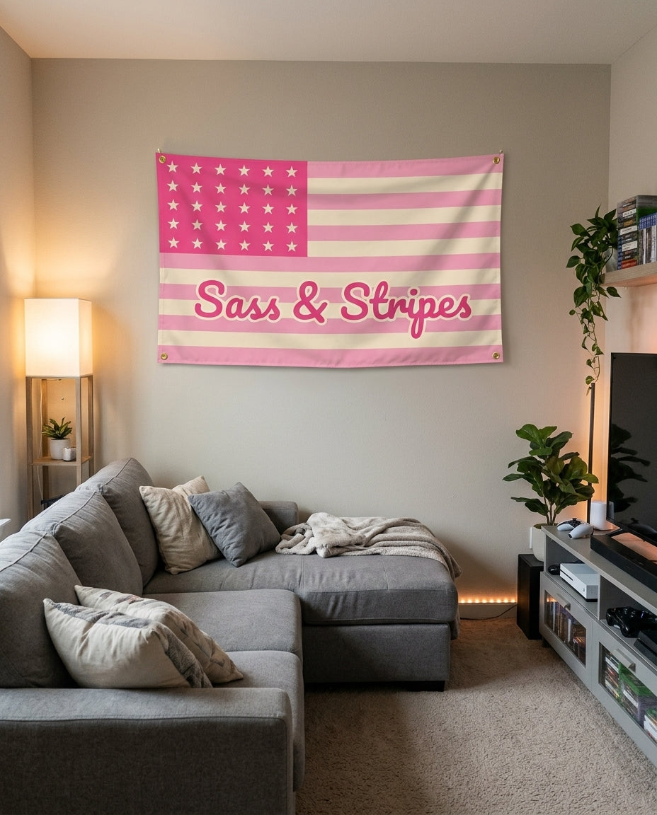 Sass And Stripes flag decorating a game room wall