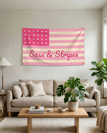 Sass And Stripes flag used as living room wall decor
