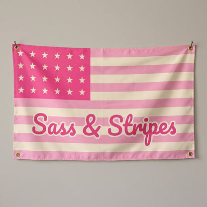Sass And Stripes flag 3x5 in pink with white stars and stripes, hung on a wall