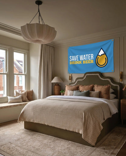 Save Water Drink Beer party wall flag hanging in a bedroom