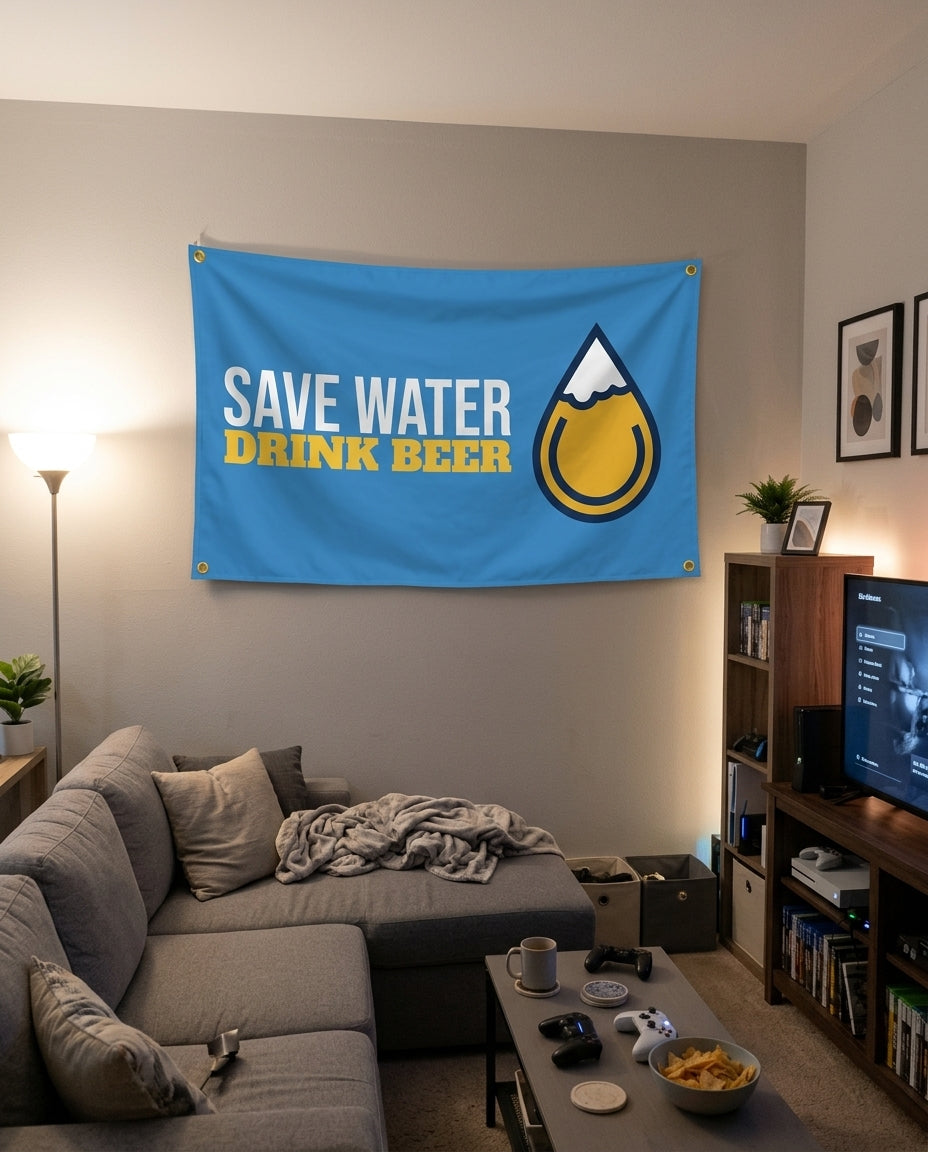 Save Water Drink Beer flag decorating a game room wall