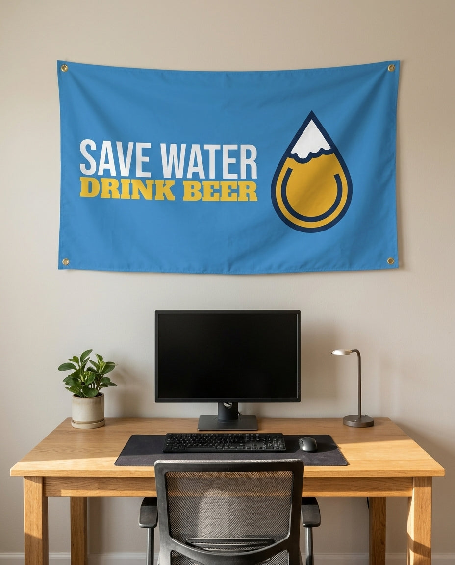 Save Water Drink Beer 3x5 flag on a home office wall