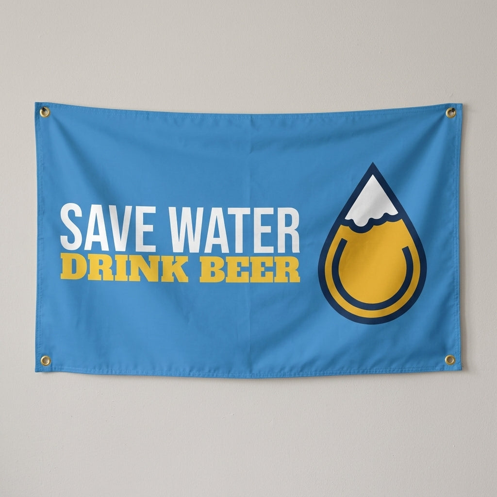 Save Water Drink Beer flag 3x5 in light blue with a water drop filled with beer, hung on a wall
