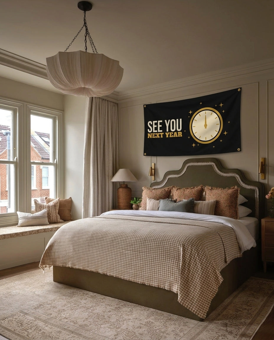 See You Next Year New Year's Eve wall flag hanging in a bedroom
