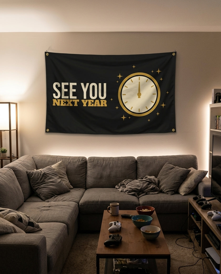 See You Next Year flag decorating a game room wall