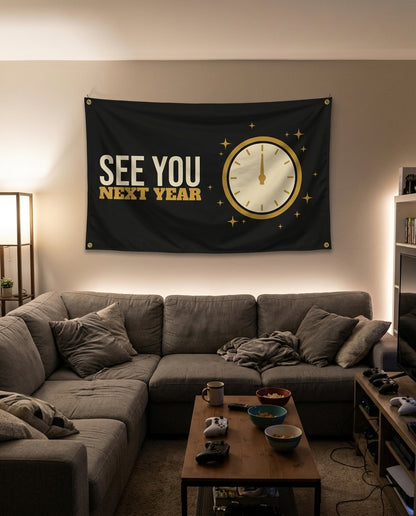See You Next Year flag decorating a game room wall