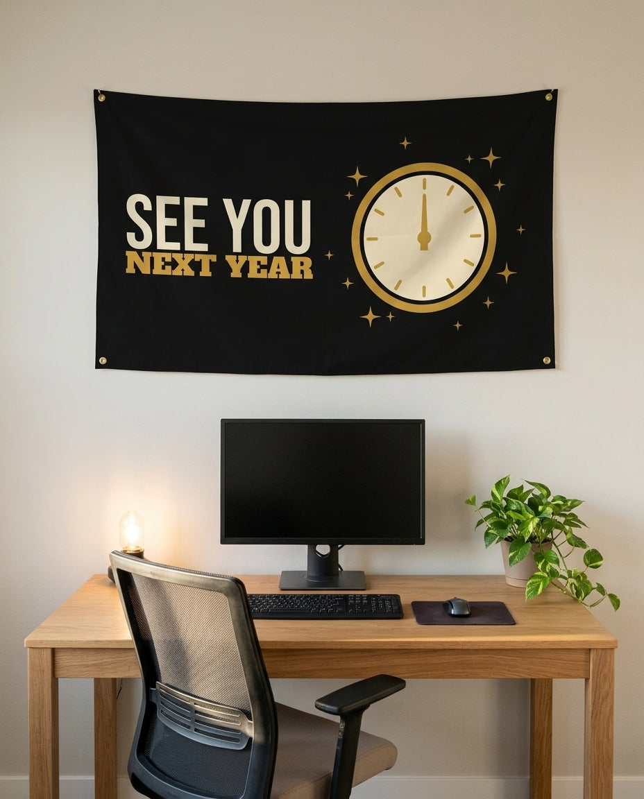 See You Next Year 3x5 flag on a home office wall