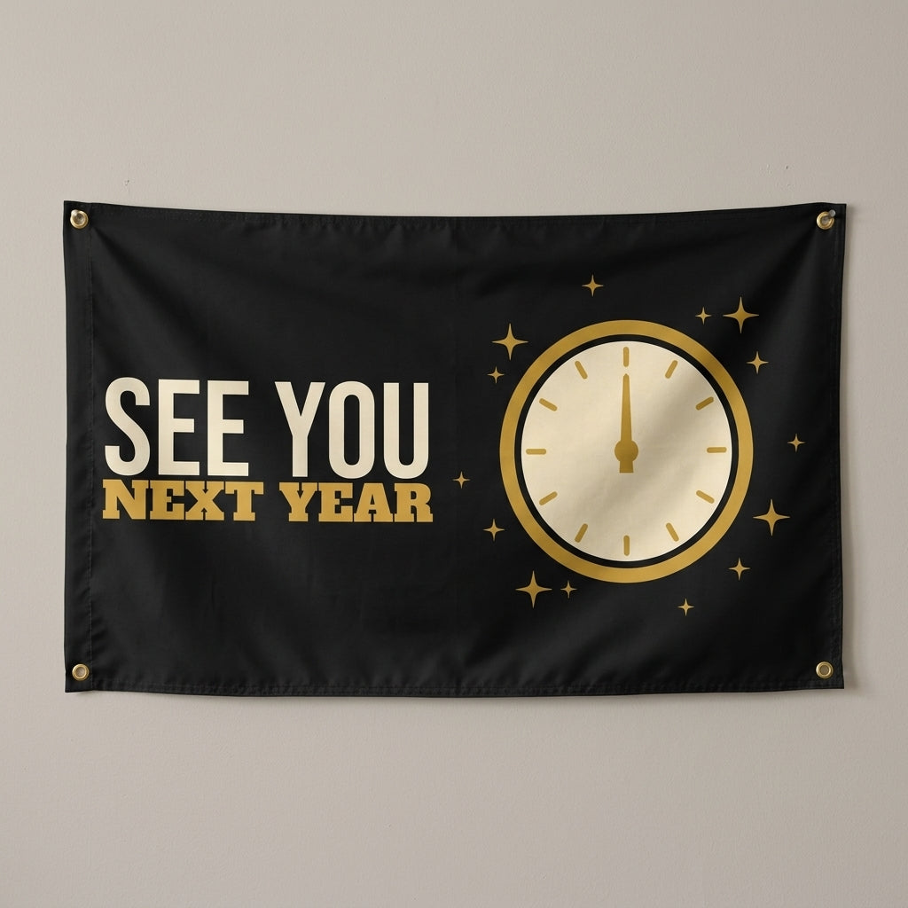 See You Next Year flag 3x5 in black with a gold clock near midnight, hung on a wall